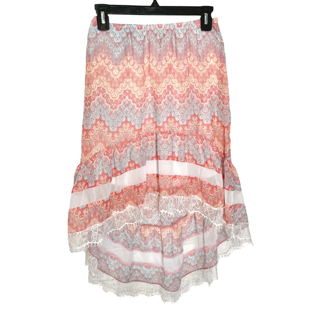 Amy Byer L 14 Coral Paisley High Low Skirt Lace Trim Elastic Waist Boho Chic